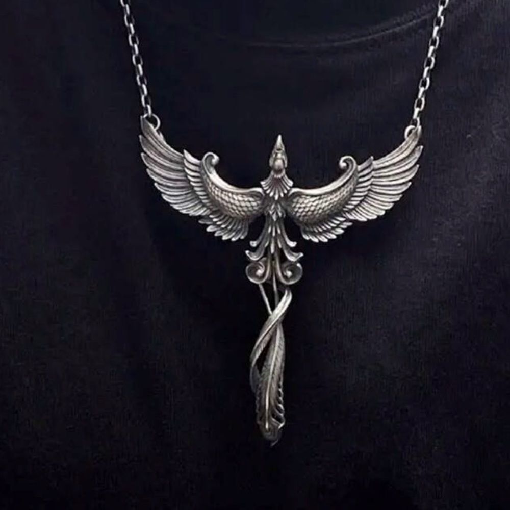 Silver Phoenix Pendant Necklace Engraved Detailing Silver Tone, Elegant Unique - Picture 4 of 5